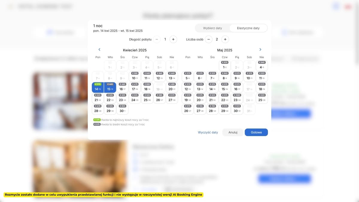 Funkcja elastycznych dat ułatwia Klientom znalezienie najbardziej korzystnego dla nich terminu. Możesz ją włączyć jako domyślną opcję w silniku.