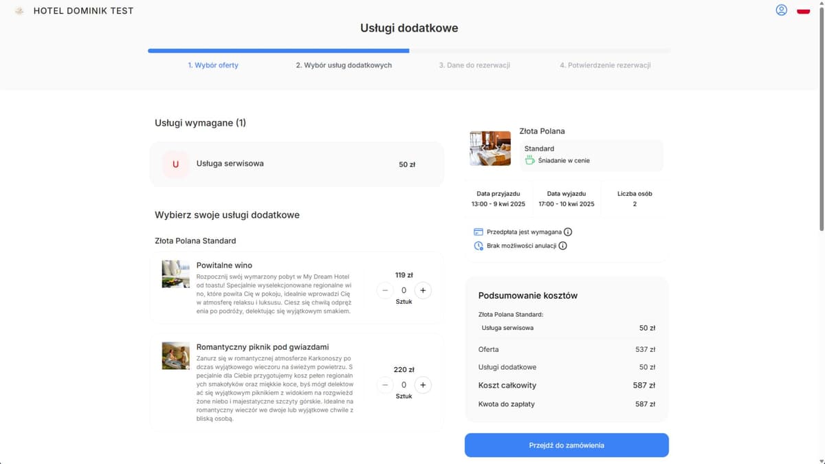 Możesz oferować Gościom dodatkowe usługi już na etapie rezerwacji pobytu. W przyszłości AI Booking Engine będzie wręcz samodzielnie decydować, które usługi mają największą szansę zainteresować danego Gościa.